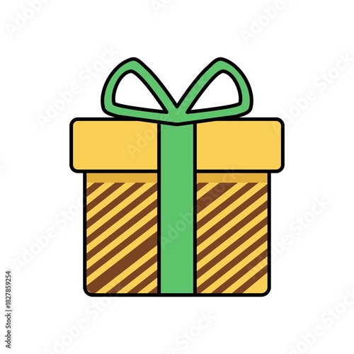 Colorful present box illustration featuring bold diagonal stripes, vibrant green bow, and simple modern holiday vector design