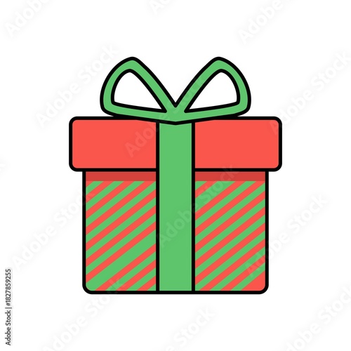 Colorful present box featuring bold red lid, green bow, and modern striped texture in simple celebratory vector design