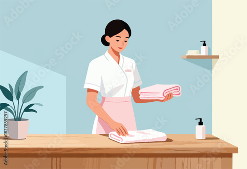 A woman in uniform folds towels on a wooden table, with soap and a plant nearby. Simple, clean design