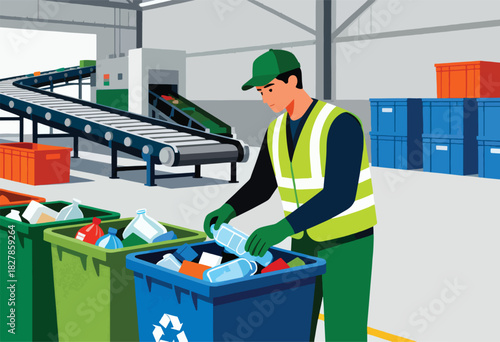 A worker sorts recycling in a facility. Conveyor belts, bins, and boxes fill the scene, with a recycling symbol