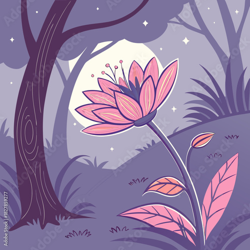 A beautiful pink flower blooms under the moonlight in a tranquil forest