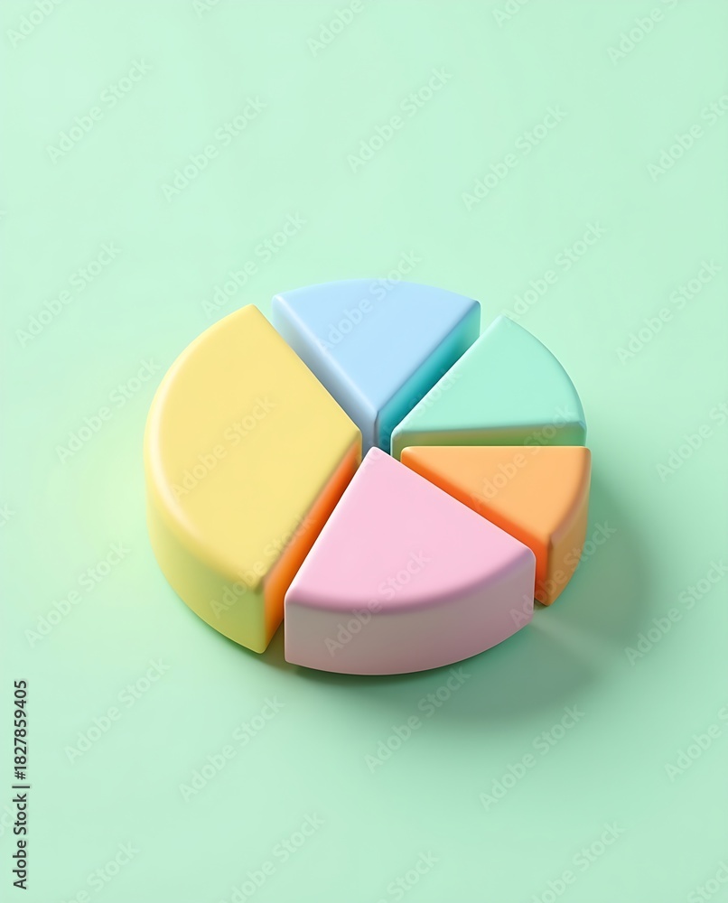 Obraz premium A colorful 3D pie chart with five pastel-colored segments isolated on a light green background.
