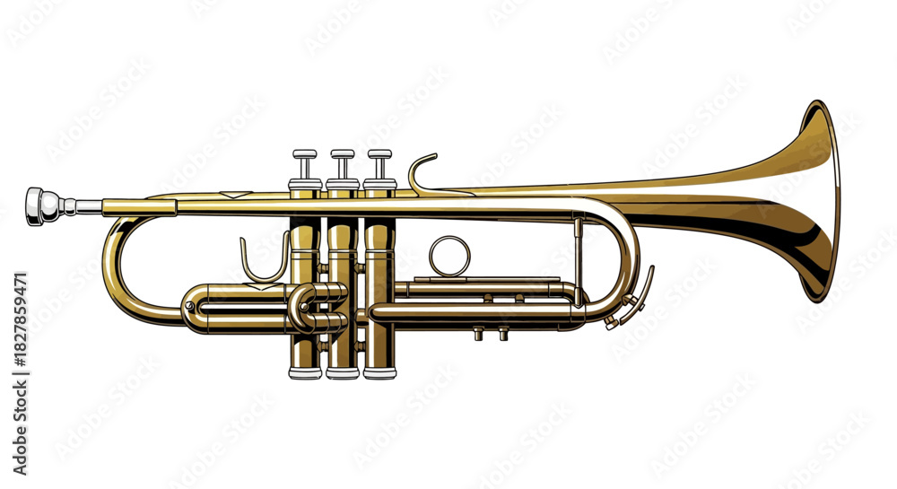 Obraz premium Shiny gold brass trumpet, a musical wind instrument, isolated on a white background for jazz and orchestra