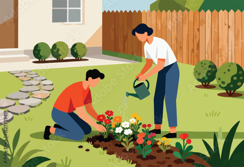 A garden scene shows two people tending to flowers; one kneels, planting, and the other waters with a can