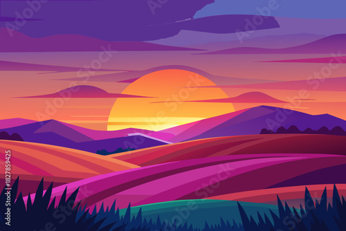 Stylized Sunset Landscape with Winding Path Through Colorful Hills sunrise nature