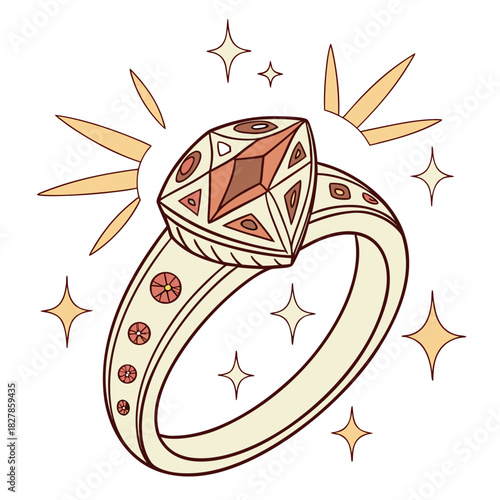 Elegant gold ring with a red gem sparkles