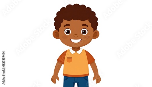 Cheerful cartoon boy with brown hair, wearing an orange shirt and blue pants, set against a clean white backdrop