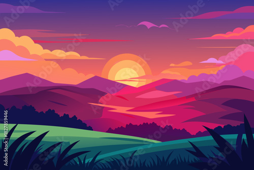 Stylized sunset over rolling hills and distant mountains with vibrant sky sunrise landscape