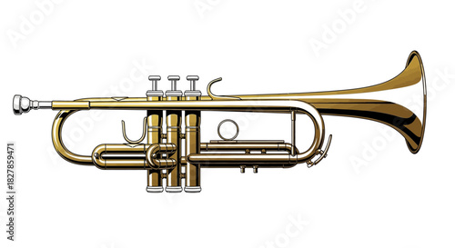 Shiny gold brass trumpet, a musical wind instrument, isolated on a white background for jazz and orchestra
