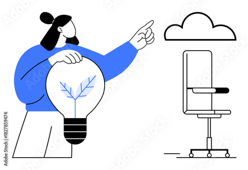Woman holds a lightbulb with a leaf, symbolizing sustainability, while pointing to a cloud and standing near an office chair. Ideal for innovation, sustainability, creativity, eco-concepts, vision