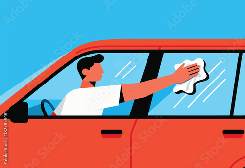Illustration depicts a person cleaning a car window with a cloth. The car is red, the background is blue