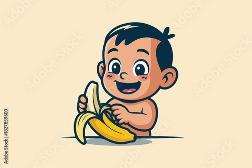 A cheerful cartoon baby, with dark hair, happily peels and holds a ripe banana, set against a neutral, plain background