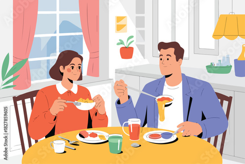 Illustration of a couple enjoying a meal at home. Includes food, table setting, and a window