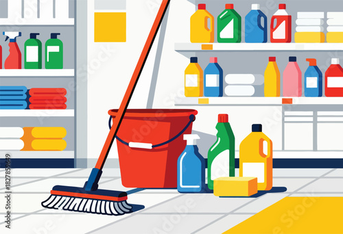 A colorful, minimalist illustration of cleaning supplies bucket, mop, spray bottles, cleaning liquids, towels, and shelves