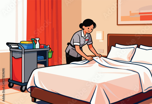 Illustration depicts a hotel maid making a bed. Cleaning supplies cart visible. Warm color palette. Simple style