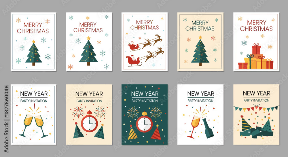 Obraz premium Vibrant Vector Art Collection of Festive Holiday Greeting Cards, Featuring Merry Christmas and Happy New Year Designs, Perfect for Seasonal Celebrations and Invitations