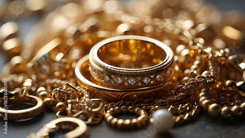 Close-up of a luxurious collection of assorted gold jewelry and diamond rings