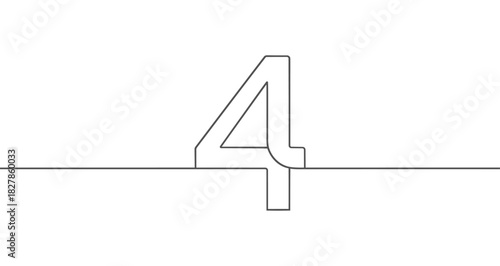 Number four ("4") drawn with one continuous line. Black outline illustration isolated on white background. Vector illustration.