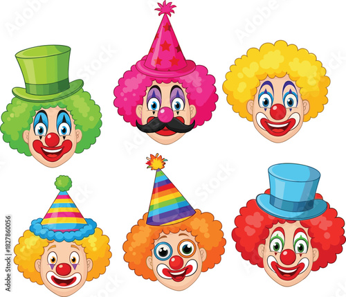 Set of Six Colorful Cartoon Clown Faces with Wigs, Party Hats, and Top Hats, Fun Circus Entertainer Characters for Kids' Events