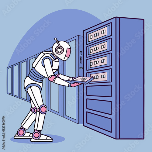 Robot working with server racks in a data center, artificial intelligence