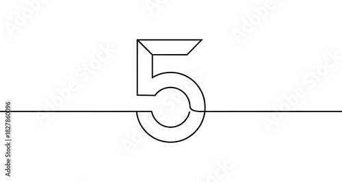 Number five ("5") drawn with one continuous line. Black outline illustration isolated on white background. Vector illustration.