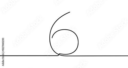Number six ("6") drawn with one continuous line. Black outline illustration isolated on white background. Vector illustration.