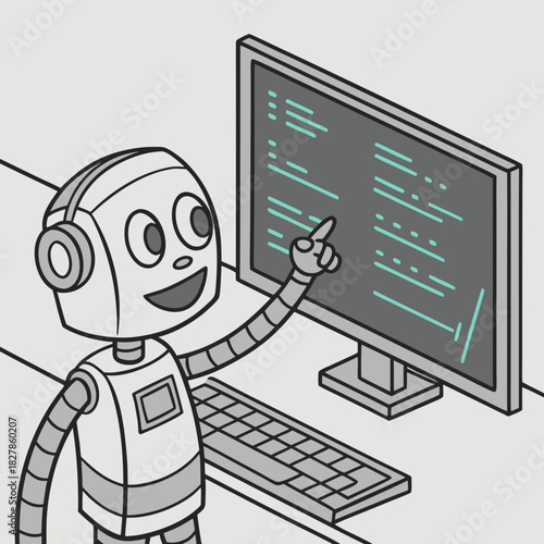Cartoon robot is happily coding on a computer