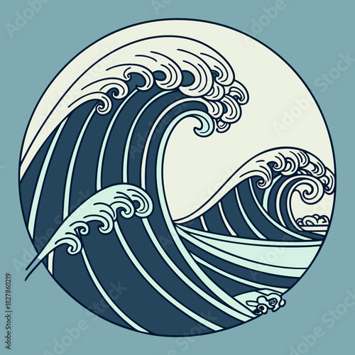 Illustration of a great wave in a circle, a vintage japanese art style