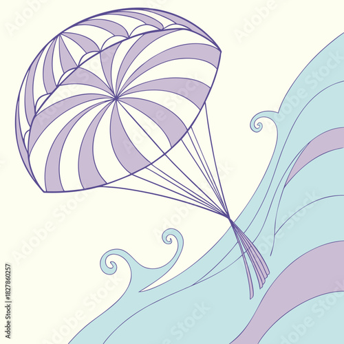 Illustration of a parachute descending near a wavy mountain landscape