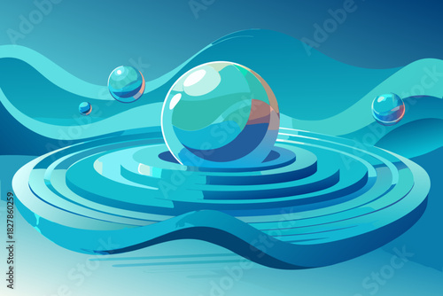 Transparent blue sphere on concentric water ripples with abstract waves and bubbles vector illustration