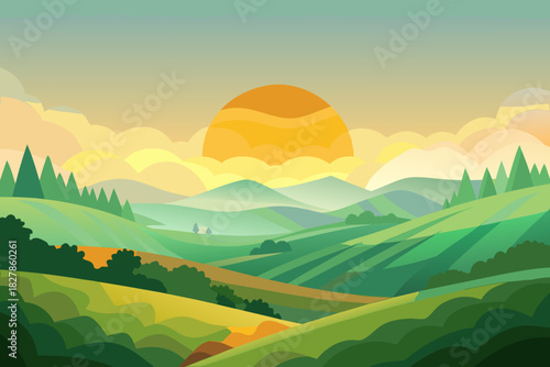 Verdant Rolling Hills Under a Sunrise Sky with Sun and Clouds landscape nature