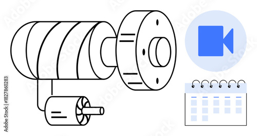 Industrial motor, rotor, video call icon, and calendar symbolizing automated workflow, scheduling, and collaboration. Ideal for technology, engineering, manufacturing productivity planning