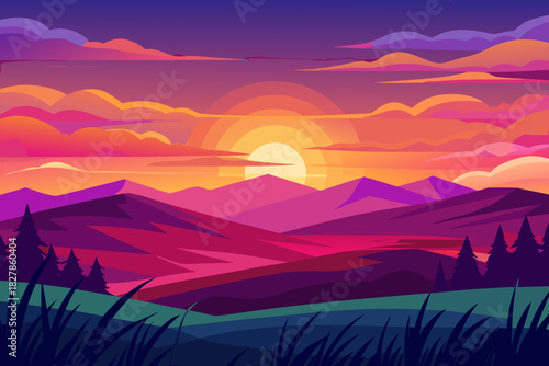 Vibrant sunset over purple mountains with silhouetted pine trees and grassy foreground sunrise landscape