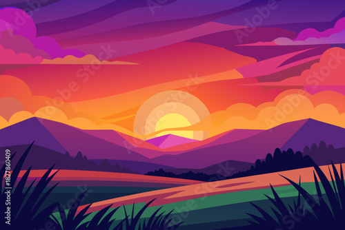 Vivid sunset over layered mountains and grassy foreground with abstract clouds sunrise landscape