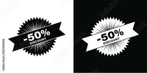 50 percent discount starburst ribbon badge vector