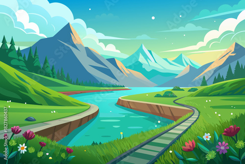 Winding Mountain River and Pathway Through Green Hills at Dawn landscape nature