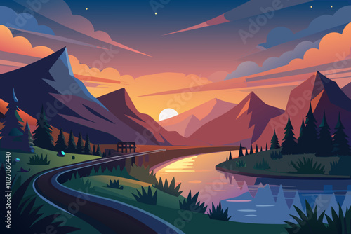 Winding road by a river in a mountain landscape at sunset vector illustration