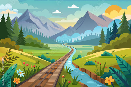 Winding railway track through a vibrant landscape with mountains, a river, and wildflowers Keywords: railway, track, train, railroad, mountains