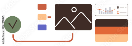 Circular checklist, bar chart, mountain illustration, color swatches, and analytics panel interconnected. Ideal for project planning, infographics, workflow, organization analytics visualization