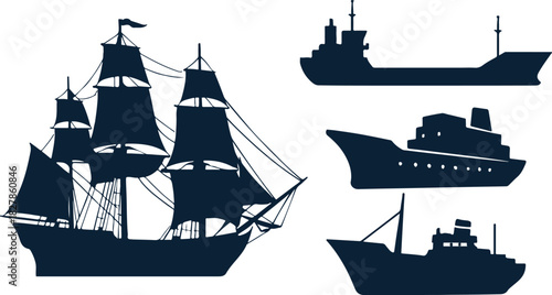 Collection of silhouetted ships including sailing ships and modern vessels