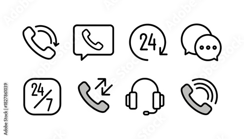 Customer Support and Communication Line Icons Set: 24/7 Service, Phone Call, Headset, Contact Us, Speech Bubble, and Technical Assistance Symbols Collection