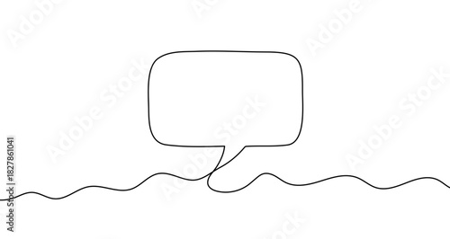 Rectangular speech or chat bubble in one line art style. Drawing of a dialogue or comment symbol with editable black stroke on a white background. Vector illustration.