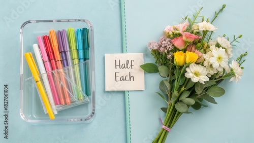 Flat Lay of Flowers Markers Stationery with Split Background