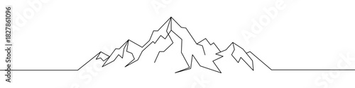 Mountain range with sharp peaks in one line art style. Drawing of a nature and climbing symbol with editable black stroke on a white background. Vector illustration.