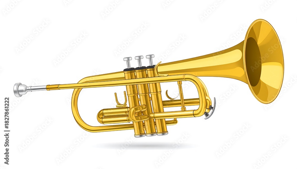 Obraz premium A shiny, golden brass instrument. Its valves, tubing, and bell are clearly visible, casting a subtle shadow on a white background