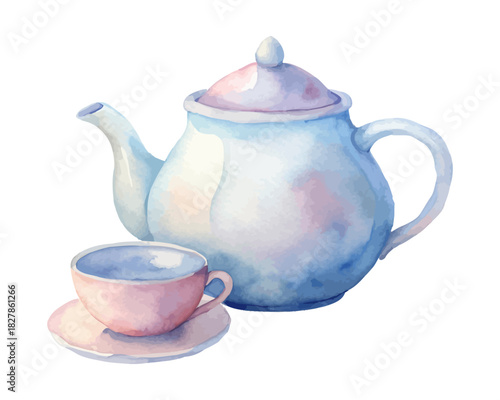 Teapot and Teacup Watercolor Element vector illustration isolated on white background