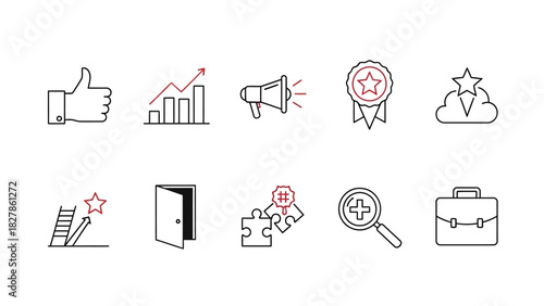 Collection of business and success related line icons.