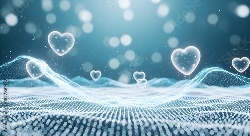 Abstract Blue Background with Luminous Hearts and Digital Waves