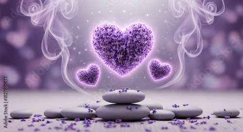 Serene composition of glowing purple hearts and zen stones for relaxation