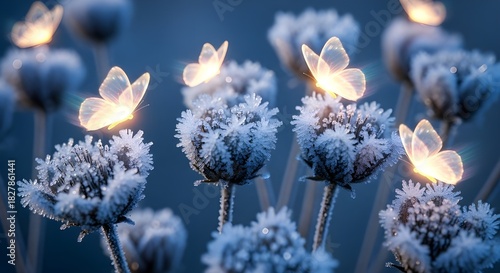Luminous butterflies alight on frost-covered flowers in an enchanted winter landscape